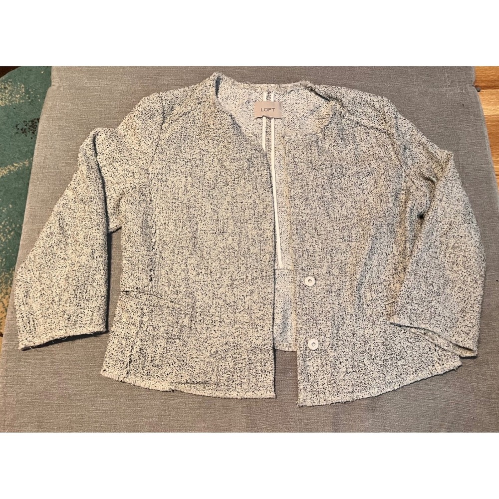 LOFT Tweed Open Front Cropped Blazer Jacket Women‎ Gray White Size M